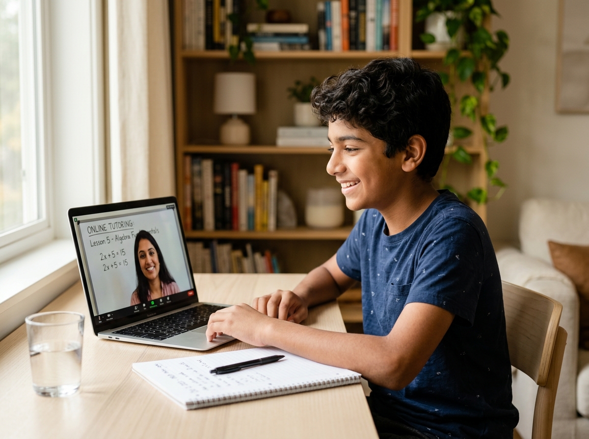 Student smiling during an online tutoring session with Expert Guru